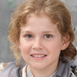 Joyful white child female with medium  brown hair and blue eyes