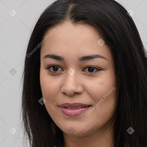 Joyful asian young-adult female with long  brown hair and brown eyes