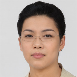 Neutral asian young-adult female with short  black hair and brown eyes