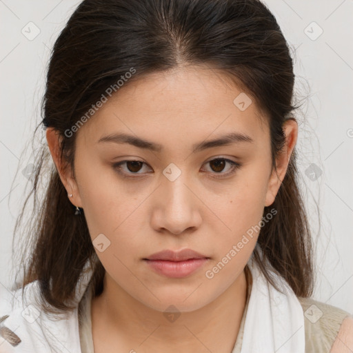 Neutral white young-adult female with medium  brown hair and brown eyes