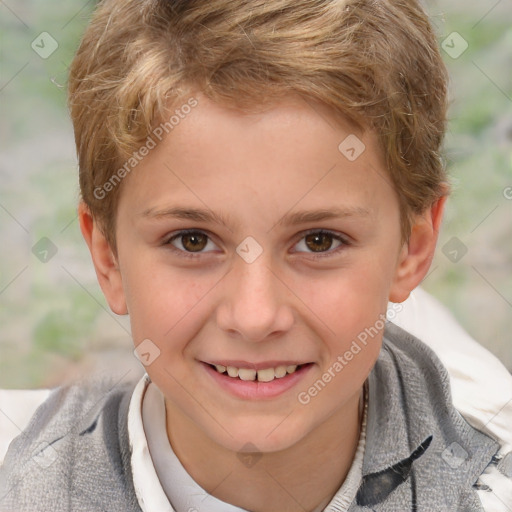 Joyful white child female with short  brown hair and brown eyes