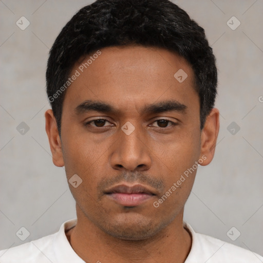 Neutral latino young-adult male with short  black hair and brown eyes
