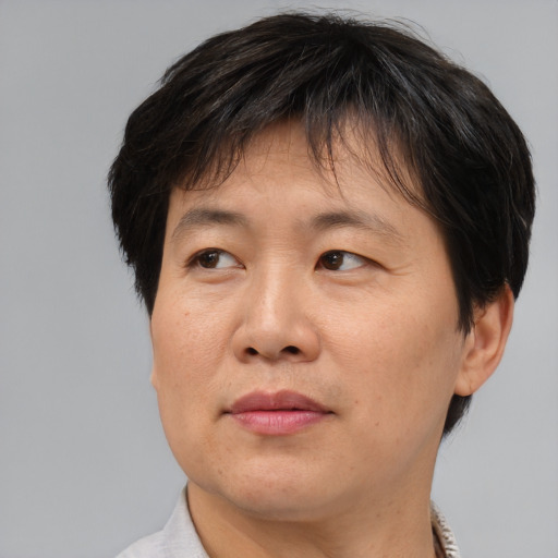 Joyful asian adult male with short  brown hair and brown eyes