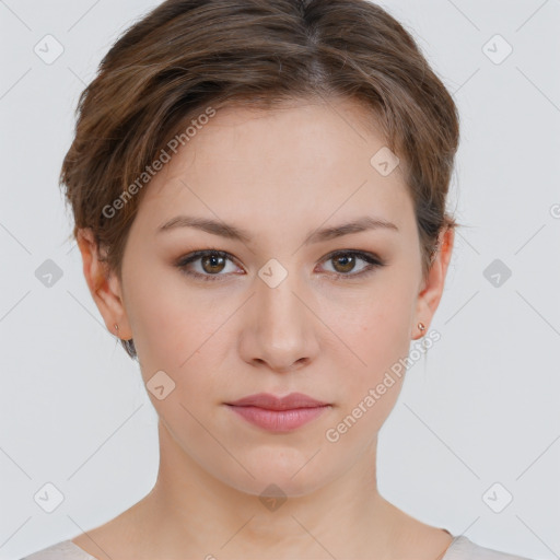 Neutral white young-adult female with short  brown hair and brown eyes