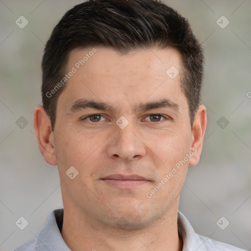 Neutral white young-adult male with short  brown hair and brown eyes