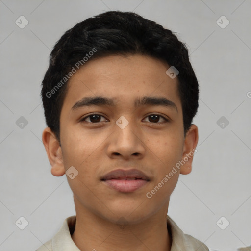 Neutral latino young-adult male with short  black hair and brown eyes
