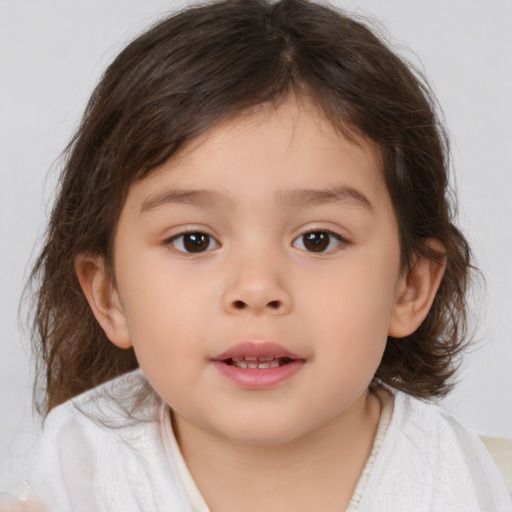 Joyful white child female with medium  brown hair and brown eyes