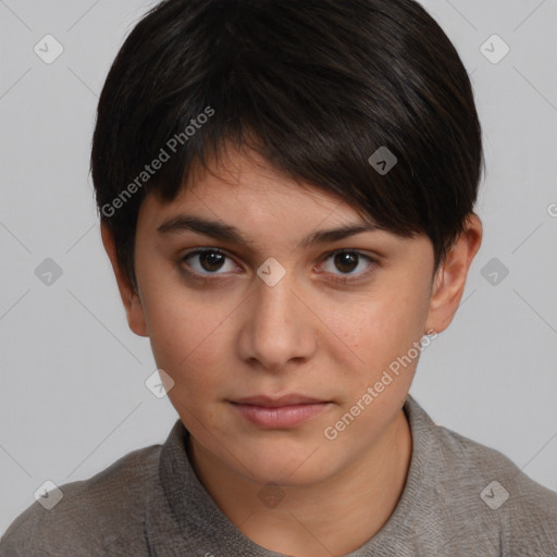 Neutral white young-adult female with short  brown hair and brown eyes