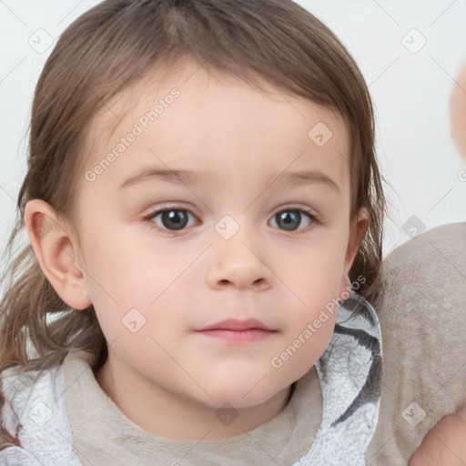 Neutral white child female with medium  brown hair and blue eyes