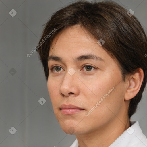 Neutral white young-adult female with short  brown hair and brown eyes