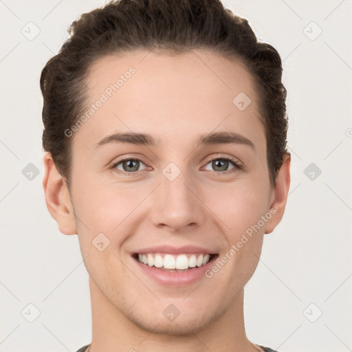 Joyful white young-adult female with short  brown hair and brown eyes