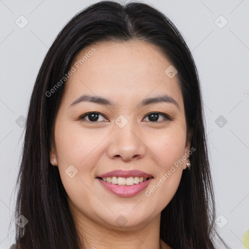 Joyful asian young-adult female with long  brown hair and brown eyes