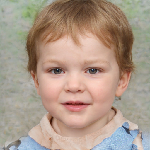 Joyful white child female with short  brown hair and blue eyes