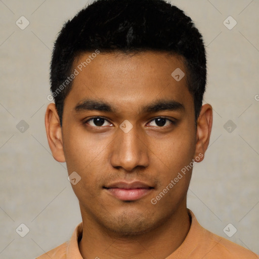 Neutral latino young-adult male with short  black hair and brown eyes