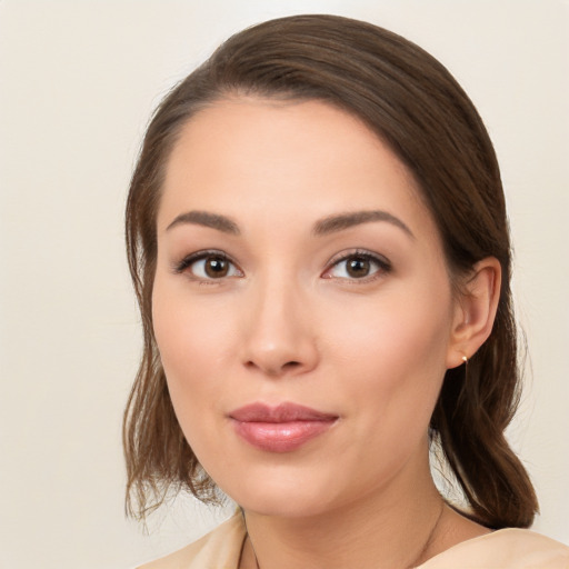 Neutral white young-adult female with medium  brown hair and brown eyes