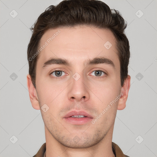 Neutral white young-adult male with short  brown hair and brown eyes