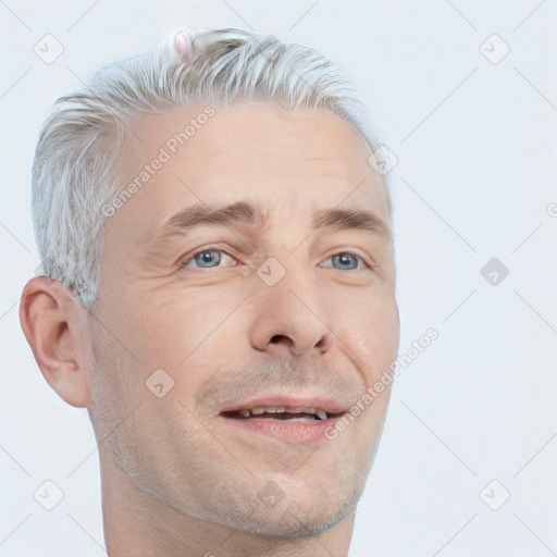 Neutral white adult male with short  blond hair and blue eyes