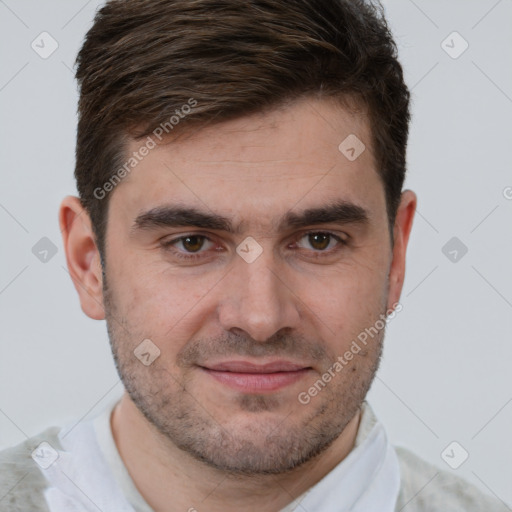 Joyful white young-adult male with short  brown hair and brown eyes