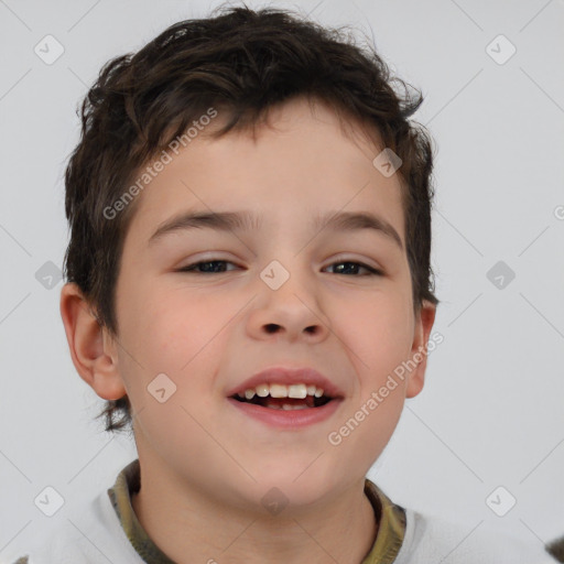 Joyful white child male with short  brown hair and brown eyes