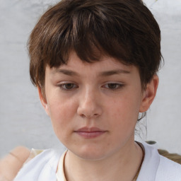 Neutral white young-adult female with short  brown hair and brown eyes