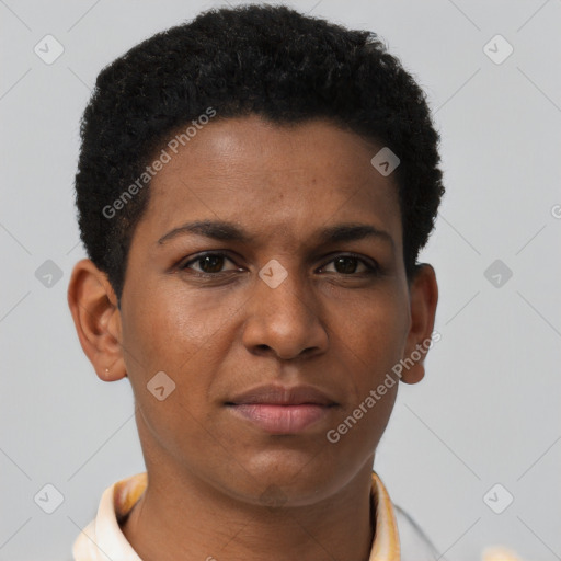 Neutral latino young-adult female with short  brown hair and brown eyes