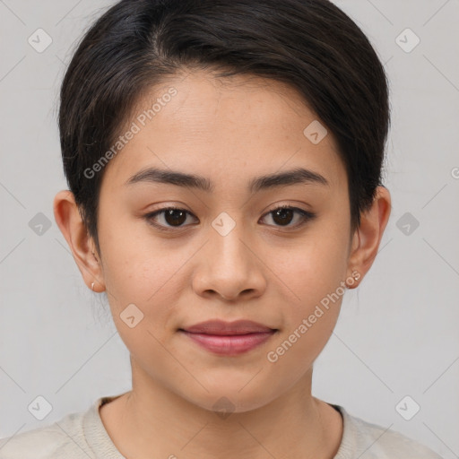 Joyful asian young-adult female with medium  brown hair and brown eyes