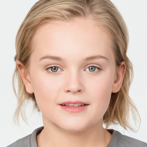 Joyful white child female with medium  brown hair and blue eyes