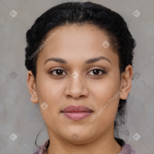 Joyful latino young-adult female with short  brown hair and brown eyes