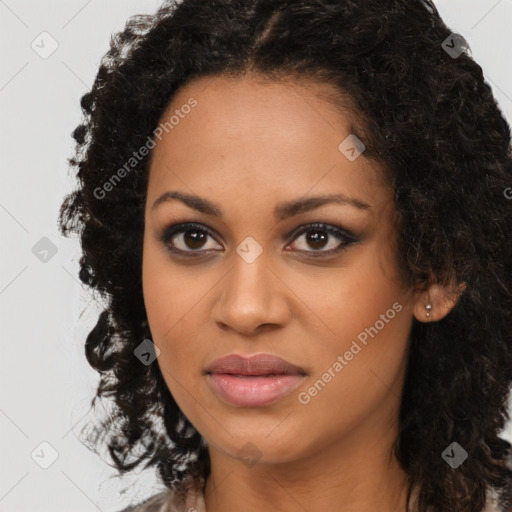 Joyful latino young-adult female with long  brown hair and brown eyes