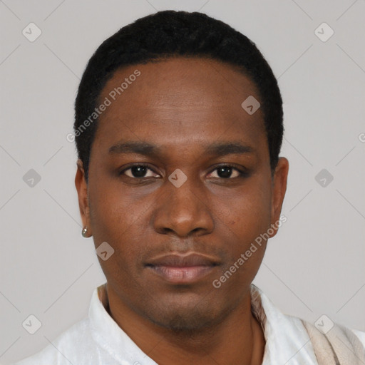Neutral black young-adult male with short  black hair and brown eyes