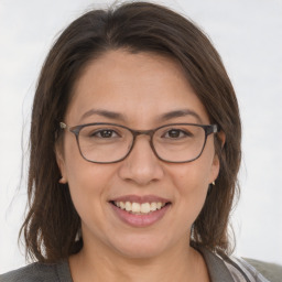 Joyful white adult female with medium  brown hair and brown eyes