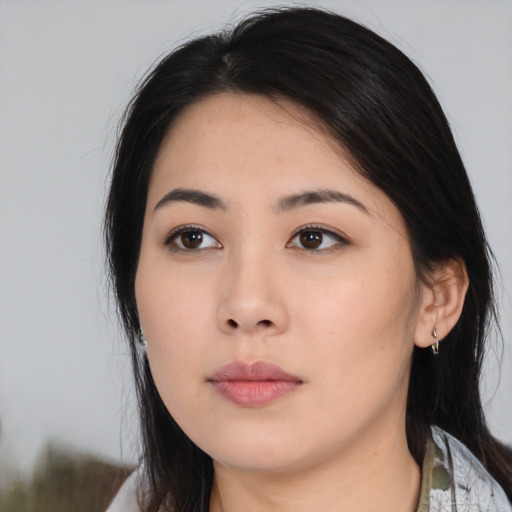 Neutral asian young-adult female with medium  black hair and brown eyes