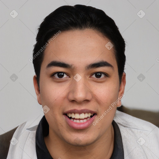 Joyful asian young-adult male with short  black hair and brown eyes