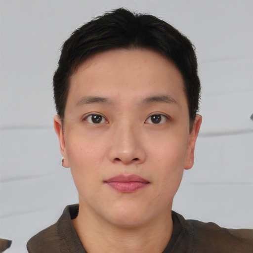 Neutral asian young-adult male with short  brown hair and brown eyes