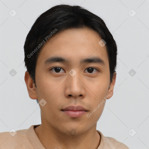 Neutral asian young-adult male with short  black hair and brown eyes