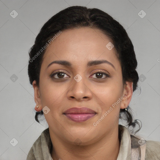 Joyful latino young-adult female with medium  black hair and brown eyes