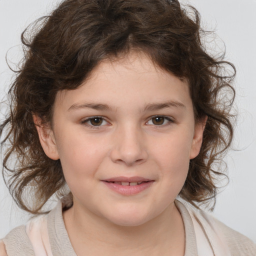 Joyful white child female with medium  brown hair and brown eyes