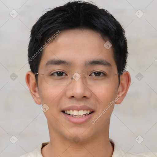 Joyful white young-adult male with short  black hair and brown eyes