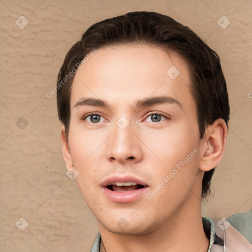 Neutral white young-adult male with short  brown hair and brown eyes