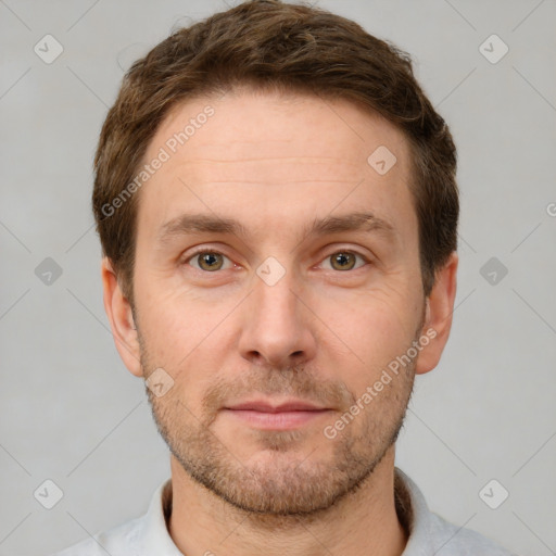 Neutral white young-adult male with short  brown hair and grey eyes