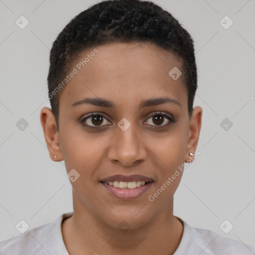 Joyful black young-adult female with short  brown hair and brown eyes