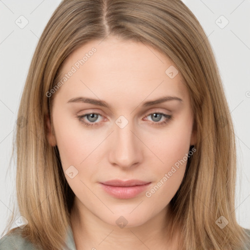 Neutral white young-adult female with long  brown hair and brown eyes