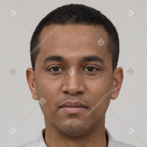 Neutral latino young-adult male with short  black hair and brown eyes