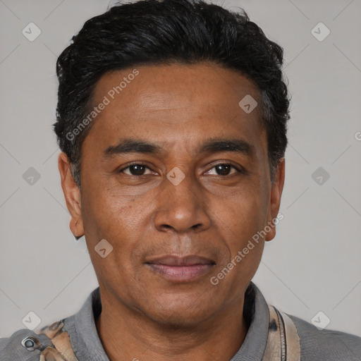 Joyful latino adult male with short  black hair and brown eyes