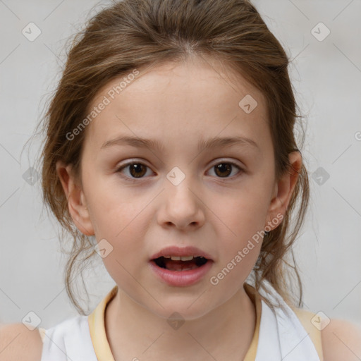 Joyful white child female with medium  brown hair and brown eyes