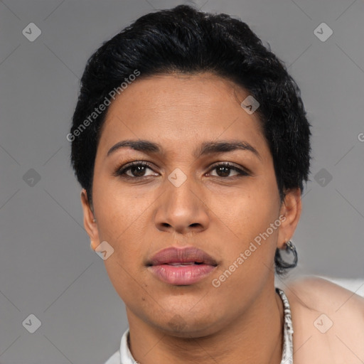 Neutral latino young-adult female with short  black hair and brown eyes