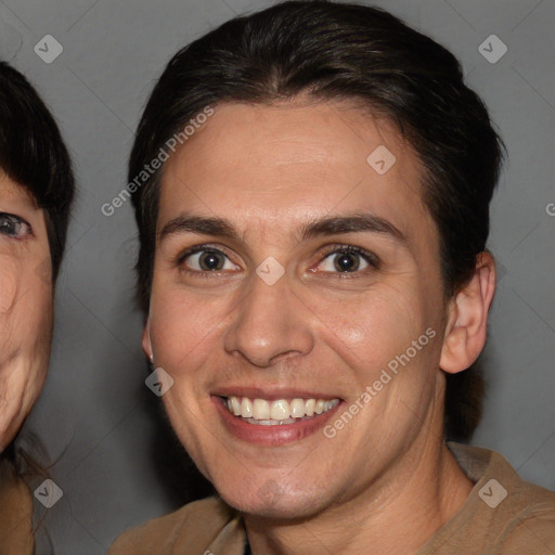 Joyful white adult female with medium  brown hair and brown eyes