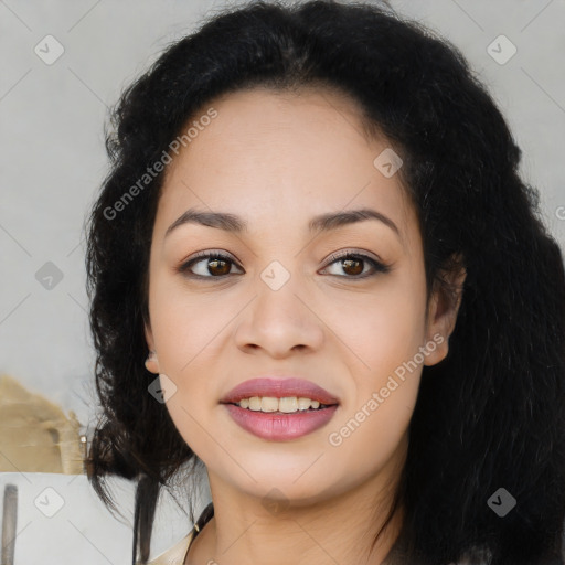 Joyful latino young-adult female with long  black hair and brown eyes