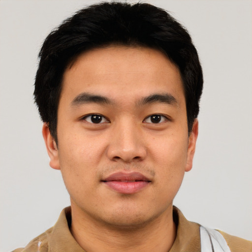 Neutral asian young-adult male with short  brown hair and brown eyes