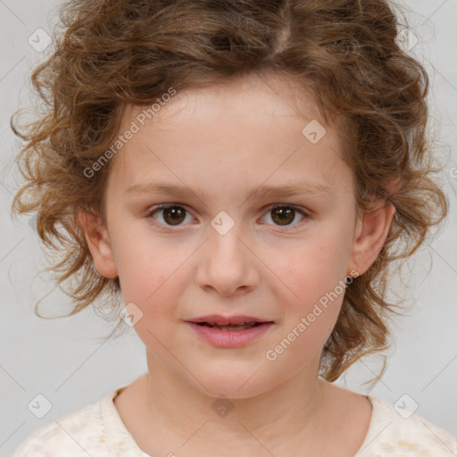 Joyful white child female with medium  brown hair and brown eyes